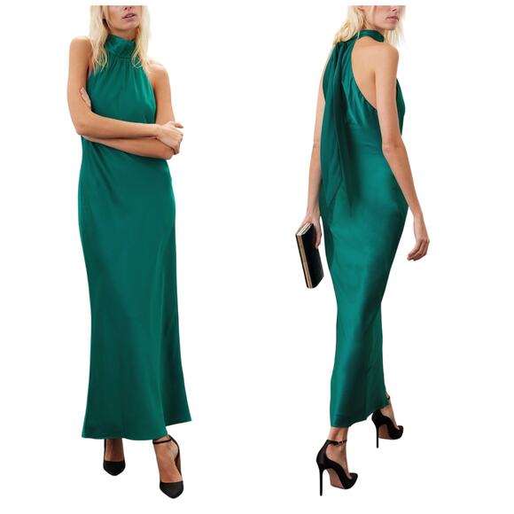 Faviana Halter Neck Satin Gown Emerald Maxi 2 Buttons Back Green Dress Women 12 - Picture 1 of 13